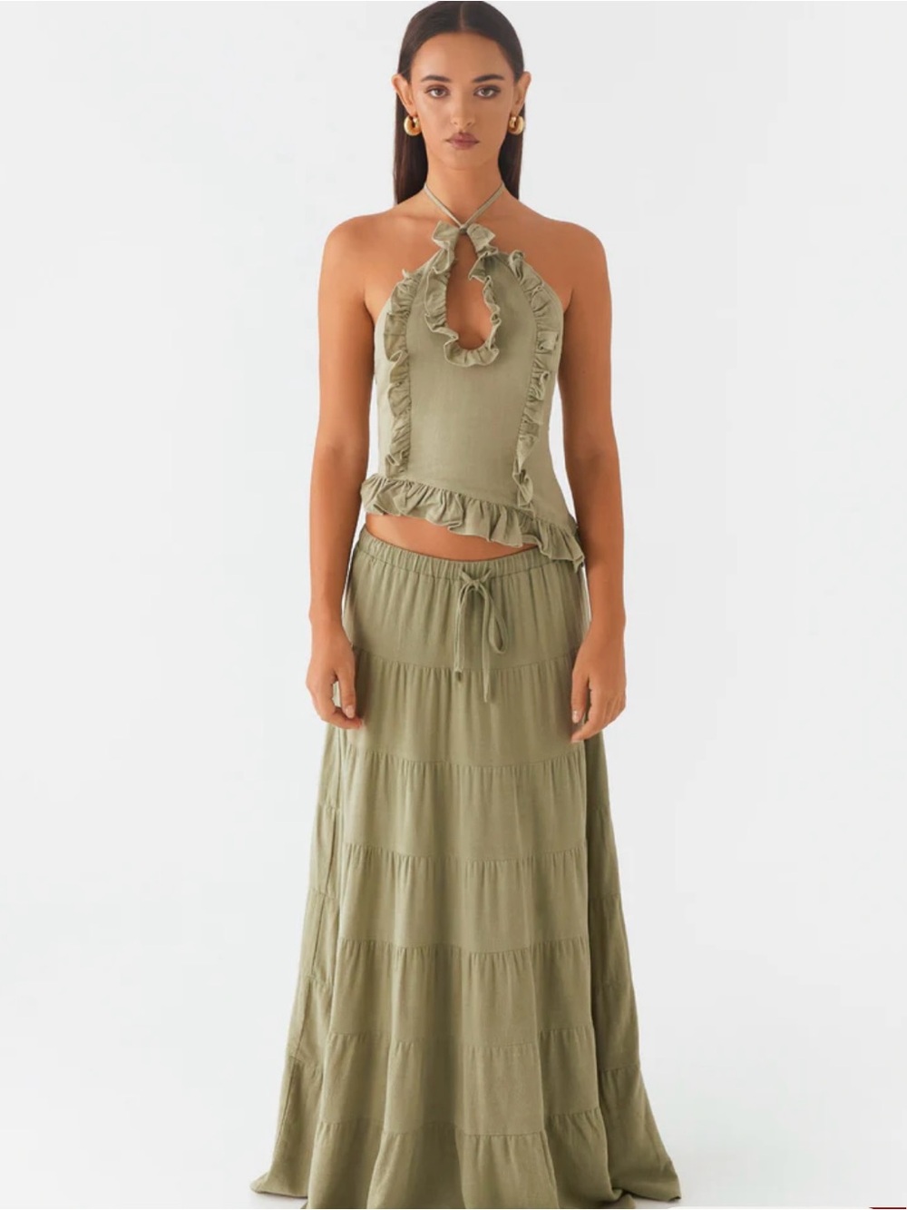 Peppermayo Olive Halter Ruffle Maxi Skirt Set